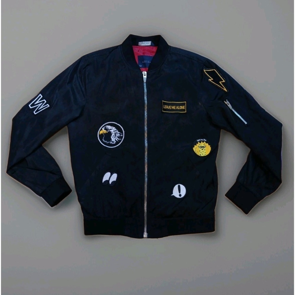 Zara Man Black Bomber Distressed Jacket Multi-Patch Graphic Detail Sz Medium Y2K